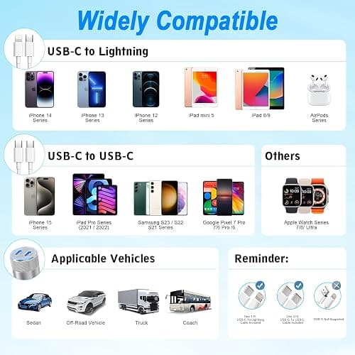 iPhone Car Charger Fast Charging, [Apple MFi Certified] 60W Dual USB-C Power Cigarette Lighter Car Charger+Type-C Cable&Lightning Cable for iPhone 16 15 14 13 12 Pro Plus XS XR iPad, Samsung, Carplay thumbnail 6