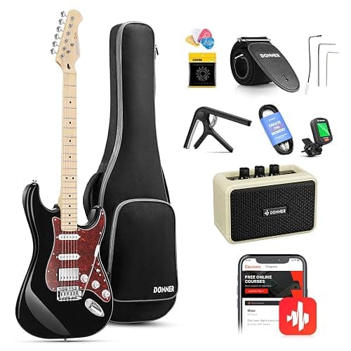 Donner DST-152B Electric Guitar Starter to Intermediate Kit, HSS Coil Split | Amp with Headphone Jack for Silent Practice, 39 Inch Complete Guitarra Electrica Bundle with Online Lesson, Black - Image 1