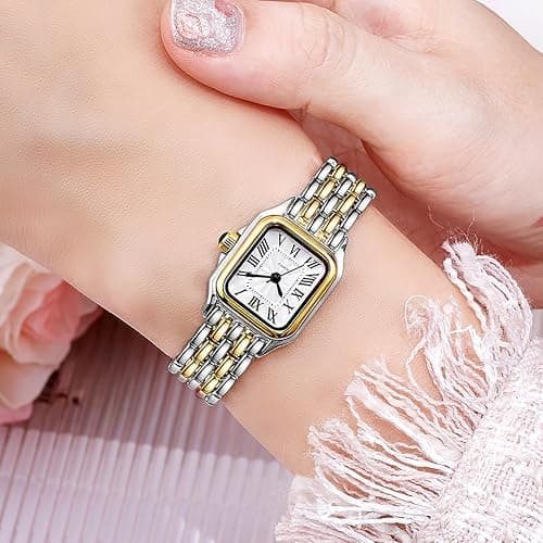 BESTKANG Watches for Women Vintage Square Classic Luxury Watch with Roman Numerals Dial Gold Silver Two-Tone Stainless Steel Band Elegant Dress Women's Wrist Watch thumbnail 4