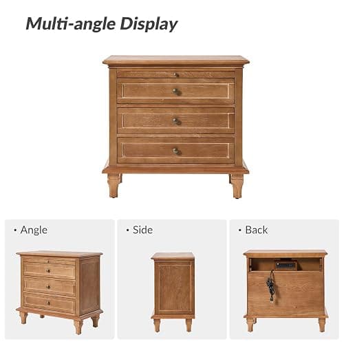 HULALA HOME Farmhouse 3 Drawer Nightstand with Tray, Drawer Organizer with Solid Wood Legs, Nightstand with Charging Station,Acorn thumbnail 7