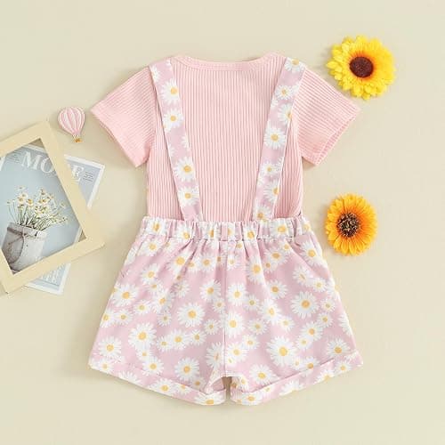 Lucikamy Toddler Baby Girls Summer Outfit Short Sleeve Ribbed Tops + Flower Suspender Overalls Shorts Set Kids Cute Clothes thumbnail 6