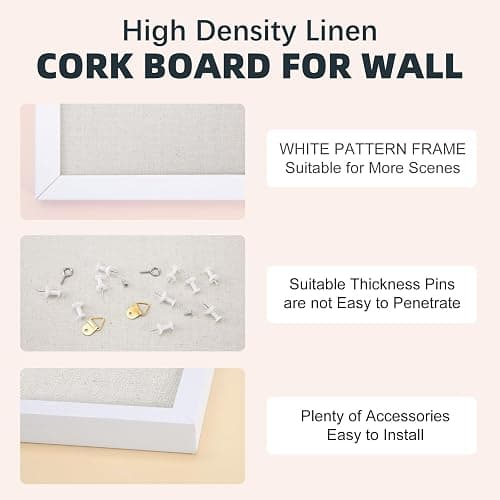 OWLKELA Linen Cork Bulletin Board, 12"x16" | White Wood Frame, with 10 Pushpins, Ideal for School, Home & Office thumbnail 5