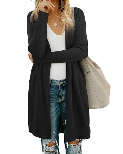 OUGES Women's Open Front Cardigan Shirt with Pockets Long Sleeve Lightweight Coat - Image 1