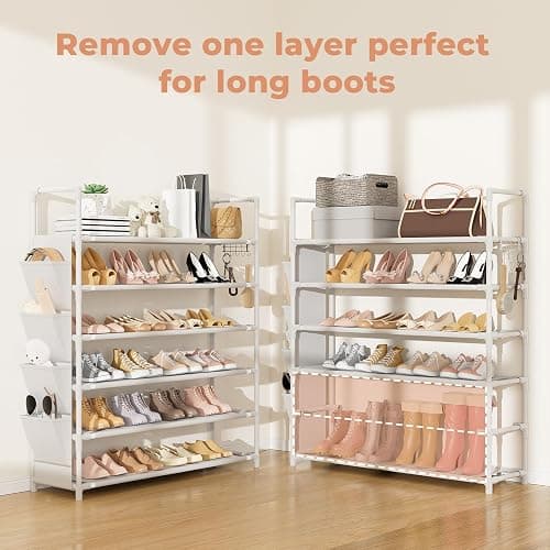 LANTEFUL 6 Tier Shoe Rack Storage for 24-30 Pairs Shoe and Boot, Shoe Organizer with Hook and Side Pocket Free Standing Long Shoe Shelf Tall Shoe Rack Organizer for Closet, Entryway, Dorm, White thumbnail 5
