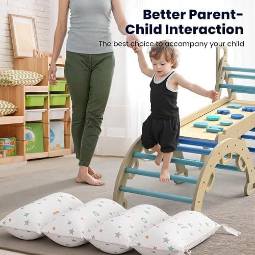 BlueWood Pikler Triangle Set with Cushion, 8-in-1 Foldable Wooden Toddler Climbing Toys Indoor Playground Jungle Gym Montessori Philosophy Climber for 2-6 Years Old, Baby, Kids (Sky Blue) thumbnail 3