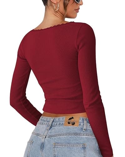 NODHUT Women's Long Sleeve Crop Top Square Neck Going Out Tops Cute Ribbed Knit Bow Knot Lace Patchwork T Shirts thumbnail 2