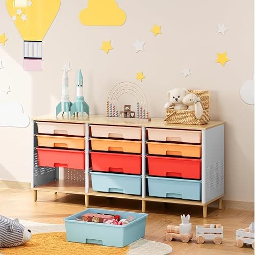 12 Drawers Storage Cabinet with Wooden Top and Plastic Bins, Toy Storage Organizer Toy Shelf Storage Chest Cubby Organizer for Home, Office, Playroom, Classroom & Craft Room Storage (Multicolored) thumbnail 8