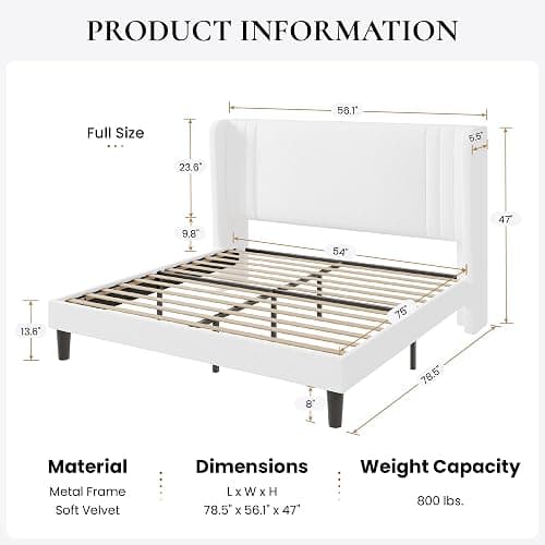 SHA CERLIN Full Size Velvet Upholstered Platform Bed Frame with Vertical Channel Tufted Wingback Headboard, Wooden Slats Support, Easy Assembly, Under Bed Storage, No Box Spring Required, White thumbnail 2