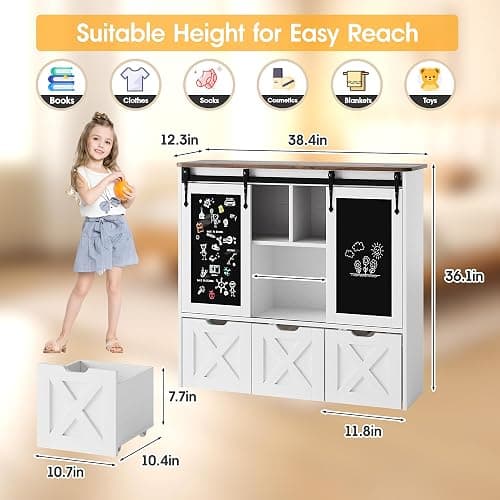 Vabches Toy Storage Organizer with Sliding Chalkboard, Kids Bookshelf and Bookcase with 3 Movable Drawers & 5 Storage Cubbies, Multifunctional Storage Cabinet Toy Chest for Playroom,Nursery, Kids Room thumbnail 2