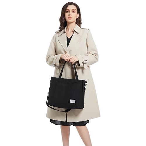 BROADREAM Sacs fourre-tout en velours pour femmes - Sac cabas en velours côtelé avec fermeture zippée，Tote Bag de grande capacité pour école, travail, shopping(L-Noir) thumbnail 2