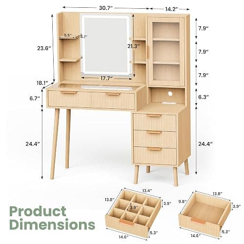 Fkhouse Fluted Makeup Vanity with Mirror and Lights,5 Drawers Glass Top Vanity Desk with Glass Door Cabinet,Power Outlet,6 Shelves,9-Grid Organizer,Lighting Adjustable Dressing Table,Natural Oak thumbnail 2