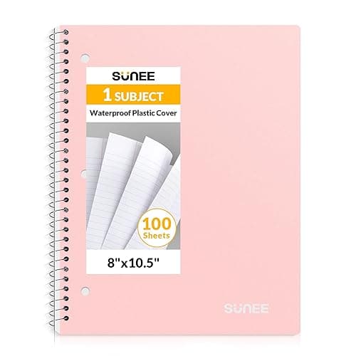 SUNEE Spiral Notebook, 1-Subject, College Ruled Paper, 8" x 10-1/2", 100 Sheets per Notebook, 3-Hole Punched Paper, Water Resistant Cover, Double-sided Pockets, Spiral Lined Notebooks for Work, Pink - Pink