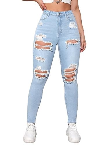 Floerns Women's Stretchy Ripped Skinny High Waist Denim Jeans with Pockets - Medium - Light Wash