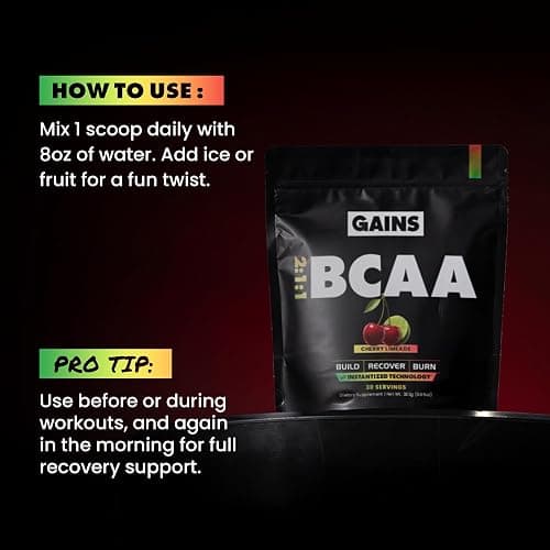Gains in Bulk BCAA Powder, Pre Workout Plant Based Branch Chain Amino Acids, Gluten Free, Vegan Supplement with Keratin for Endurance & Strength During & Post Workout, Cherry Limeade, 30 Servings thumbnail 6