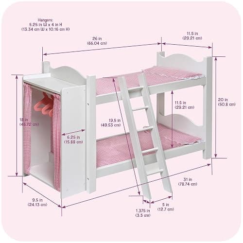 Badger Basket Doll Bunk Bed with Armoire for 18 to 22-Inch Dolls – Includes Bedding, Ladder, and Storage – Perfect for Imaginative Play thumbnail 3