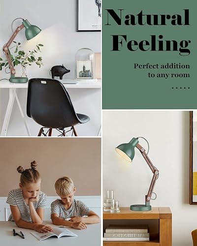 ELYONA LED Desk Lamp with Wireless Charger, Sapele Wood Reading Light with USB C Charging Port, Swing Arm Table Lamp for Home Office, College Dorm, Bedroom Living Room, Bulb Included, Vintage Green thumbnail 9