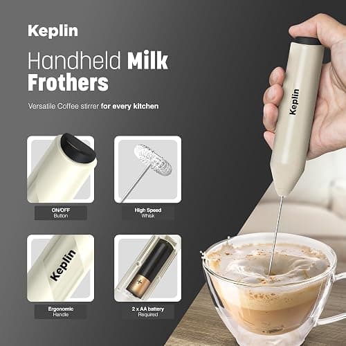 Keplin Handheld Milk Frother - Stainless Steel Electric Whisk - Portable Battery Operated Coffee Stirrer for Lattes, Matcha, Protein Shakes - Ergonomic, Compact, Easy to Clean & Use (Cream) thumbnail 4