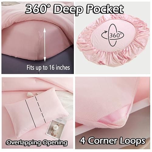 MorroMorn Pink Comforter Set Twin, 4 PCS Bed in a Bag for All Season, Pink Bed Set Cloud Comforters, Fitted Sheets, Pillowcases, Soft for Girls Kids Teen Preppy Dorm (Twin/Twin XL) thumbnail 6