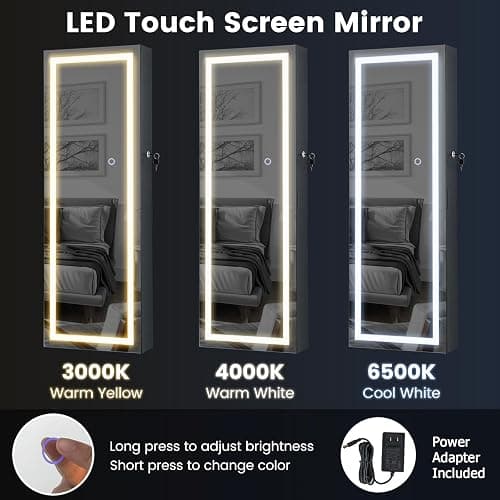 CHARMAID LED Mirror Jewelry Cabinet, Lockable Jewelry Armoire with Adjustable Lighted Full Length Mirror, 3 Lighting Sets, Wall Mounted Door Hanging Jewelry Storage Organizer (Black, 42.5''H) thumbnail 3