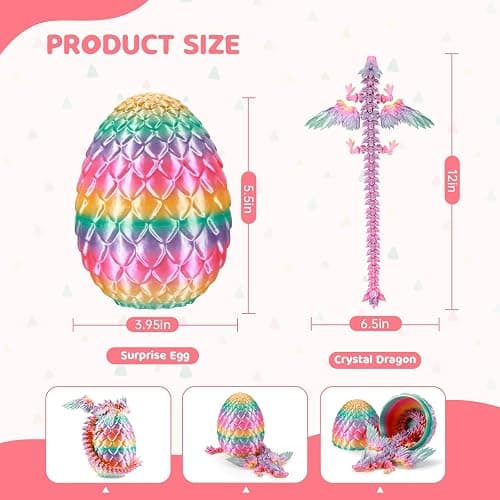3D Printed Dragon Egg 12" Winged Dragon Inside with Articulated Horn, Rainbow Fidget Sensory Toy, Birthday Party Gift, Flexible Desk Companion, Easter/Christmas Surprise Stuffers (Random Candy Color) thumbnail 3