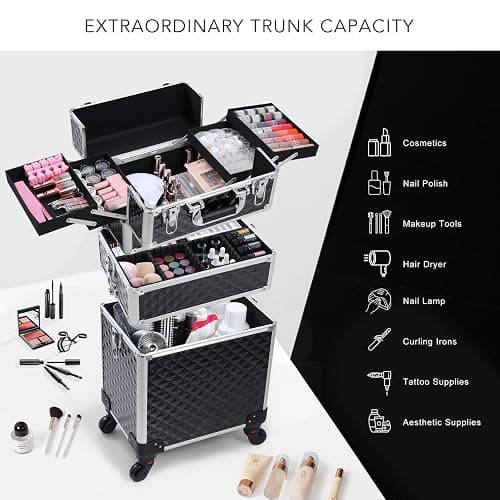 FRENESSA 3 in 1 Rolling Makeup Train Case Professional Cosmetic Trolley Large Storage with Keys Swivel Wheels Salon Barber Case Traveling Cart Trunk for Make Up Hairstylists Nail Tech, Vintage Black thumbnail 3