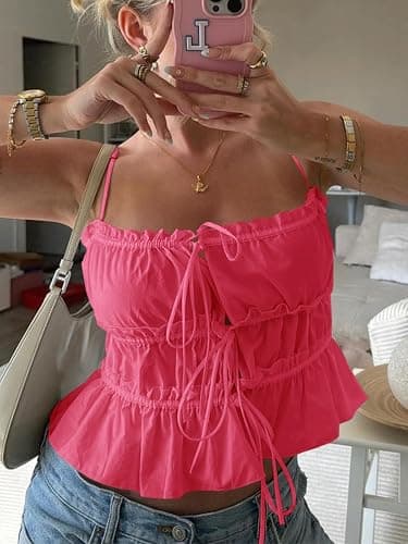 Tankaneo Womens Summer Tie Front Crop Tops Cute Ruffle Ruched Spaghetti Strap Tank Tops Y2K Going Out Shirts thumbnail 3