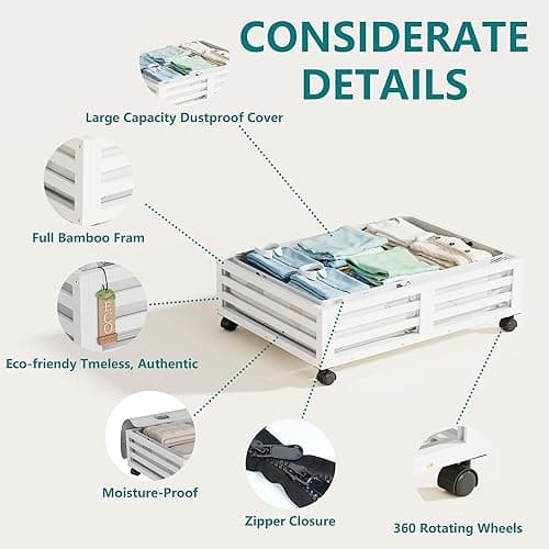 WISUCART Bamboo Under Bed Storage Containers- Underbed Organizer with Wheels with Large Capacity Dust Bag,Sturdy Wood Rolling Under Bed Shoe Storage Organizer 2 Packs (White, 2 Packs (23.62"×16.54")) - White - 2 Packs (23.62"×16.54") thumbnail 3