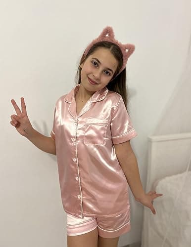 Arshiner Girls Pajamas Silk Satin Pajama Sleepwear Button Down Pj Set Loungewear - 11-12 Years - Lotus Root Pink thumbnail 6