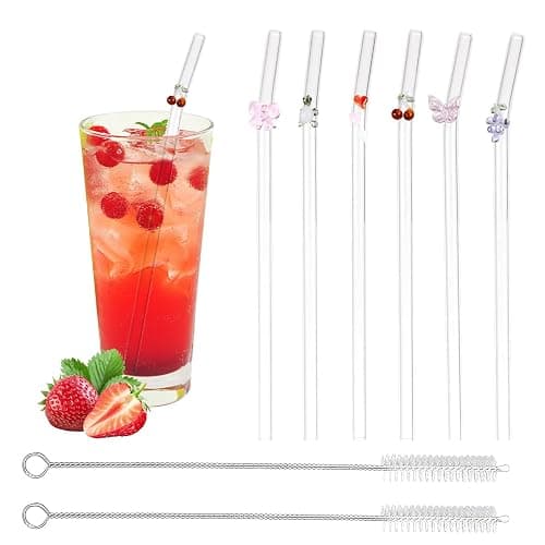 6 PCS Glass Straws Drinking, Reusable Glass Straw with 2 Cleaning Brush, Cute Bent Straws with Heart Butterfly Turtle Fruit Charms for Smoothies, Cocktails, Coffee, Juice - Image 1
