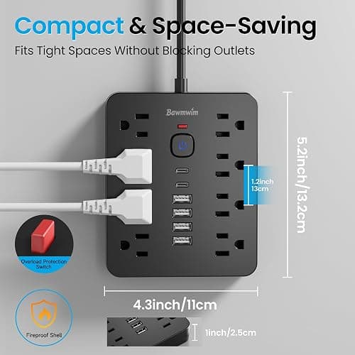 Bawmwim Surge Protector Power Strip, 8 Outlets(1250W/10A), 6 USB Charging Ports(2 USB C), 6FT Flat Plug Extension Cord Outlet Extender with Overload Protection, ETL Certified for Office, Dorm Room thumbnail 6