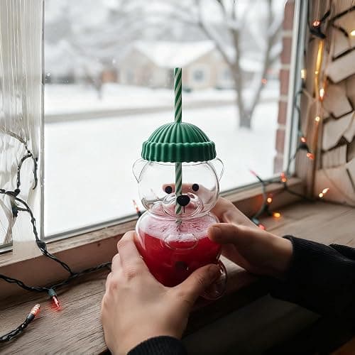 2025 New Bear Straw Cup, Cute Bears Glass Cup with Straw, 20oz Reusable Glass Tumbler with Lid for Iced Coffee, Milk Tea, and Cocktails, Dishwasher Safe (green) thumbnail 2