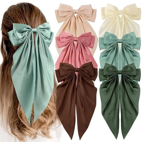 6 PCS Hair Bows for Women, Big Bow Hair Clips for Girls, Silky Satin Hair Bow Clips Oversized, Large Cute Aesthetic Hair Accessories Christmas Gifts Holiday Green Color - Image 1