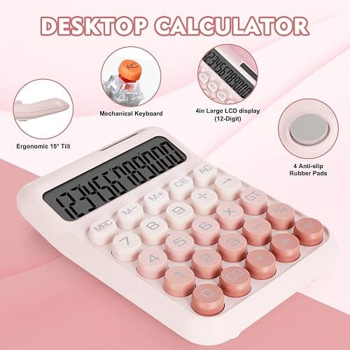 DANRONG Mechanical Switch Calculator with Big Buttons, Calculators Desktop, 12 Digits, Solar Battery Power, Desk Calculator, Large LCD Display, Cute Pink Calculator for Teachers Students Basic Office thumbnail 4