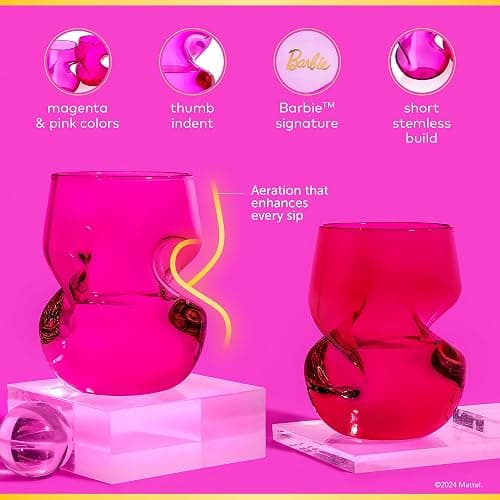 Dragon Glassware x Barbie Wine Glasses - 16 oz Magenta & Pink Wine Glasses Set of 2 - Stemless with Finger Indentations - Aerates Naturally - Barbie Gifts for Women thumbnail 4