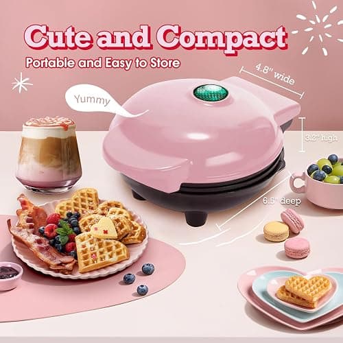 GVAKMM Mini Waffle Maker(Heart),Small Waffle Maker Keto,Mini Wafflera Iron for Kids Family and Individuals,4'' Non Stick Cooking Plates with Fast & Even Heating(Pink) thumbnail 6