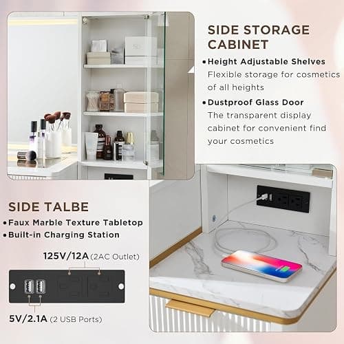 T4TREAM Fluted Makeup Vanity Desk with 36" HD Lighted Mirror, 48" Big Modern Vanity Desk with Mirror and Lights, Dressing Table with 5 Drawers & Shelves, Glass Top for Bedroom (Off White) thumbnail 6