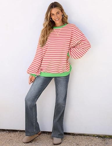 UEU Women Oversized Striped Crewneck Sweatshirt Long Sleeve Color Block Pullover Tops Casual Loose Workout Shirt thumbnail 4