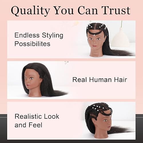 YODIDI Mannequin Head with 100% Human Hair, Manikin Head Human Hair Cosmetology Doll Head for Hair Styling Hairdresser Practice Braiding with Table Clamp Stand and Tools (16 inch) - 16 Inch thumbnail 3