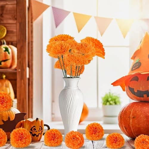Hananona 100 Pcs Marigold Flower Heads Bulk, Silk Marigold Heads Artificial Flowers for Diwali Home Decor DIY Wreath Garland Day of The Dead Decoration (100, Orange) - Orange - 100 thumbnail 7