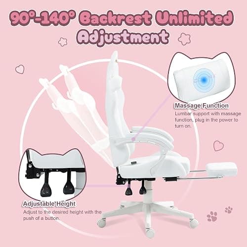 Dowinx Gaming Chair with Cat Ears and Massage Lumbar Support, Ergonomic Computer Chair with Footrest and Headrest, Comfortable Reclining Game Chair 290lbs for Adults, White thumbnail 8