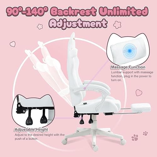 Dowinx Gaming Chair Cute with Cat Ears and Massage Lumbar Support, Ergonomic Computer Chair for Girl with Footrest and Headrest, Comfortable Reclining Game Chair 290lbs for Adult, Teen, White thumbnail 6