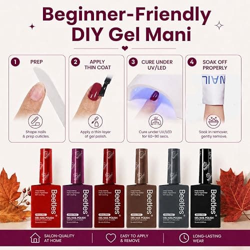 Beetles Fall Gel Polish Set, Burgundy Dark Red Brown Black Gray Colors,Hema-Free | 6 PCS 15ml Full Size Gel Nail Kit, Midnight Elegance, UV Nail Polish Color DIYManicure Home Salon thumbnail 7
