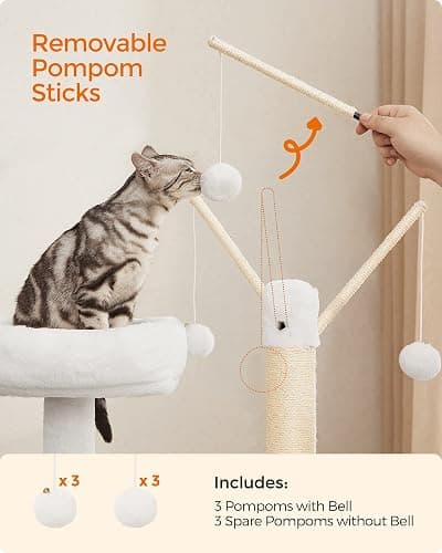 Feandrea Cat Tree with Litter Box Enclosure, 2-in-1 Modern Cat Tower, 55.1-Inch Cat Condo with Scratching Posts, Removable Pompom Sticks, Greige UPCT113G01 thumbnail 7