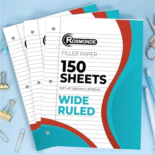 Rosmonde Loose Leaf Paper, 450 Sheets, 3 Pack, 56 gsm Wide Ruled Sheets, 8" x 10.5", Bulk Notebook Paper, 3 Hole Punched, 150 Sheets/Pack, Wide Ruled Paper for Binders, Loose Leaf Office Paper, White - Wide Ruled - 3 Pack (450 Sheets) thumbnail 8