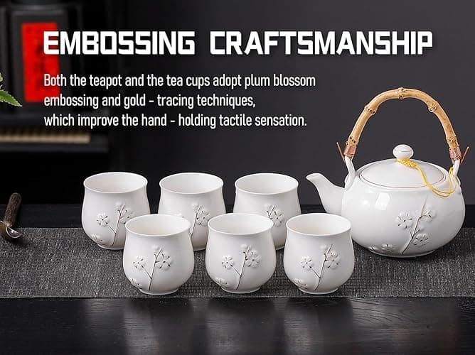 REOWONU Japanese Tea Set, White Porcelain tea set with 1 Teapot(23 oz/660ml), 6 Tea cups(5.3 oz/150ml), 1 Tea Tray, Golden plum blossom relief, Asian tea sets for adults (Golden plum-White) thumbnail 4