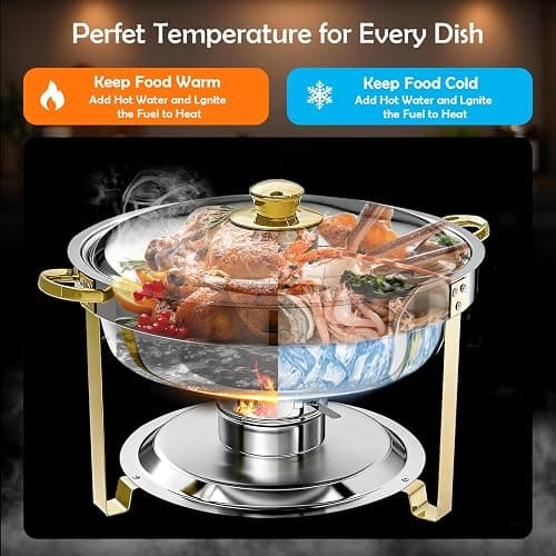 ALSO GO Round Chafing Dishes for Buffet 4 Pack, 6QT Chafing Dishes Buffet Set Gold, Catering Food Warmer for Parties Buffet with Full Size Chafing Pans, Stainless Steel Warming Trays for Thanksgiving thumbnail 2