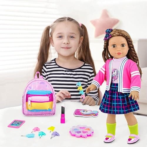 K.T. Fancy 18 Inch Doll British Style Fashion Set 14 PCS Clothes & Accessory Collection with School Bag, Unicorn Stationery,Makeup Tools for 18" Dolls thumbnail 6