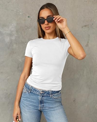Abardsion Women's Casual Basic Going Out Crop Tops Slim Fit Short Sleeve Crew Neck Tight T Shirts 2025 thumbnail 3