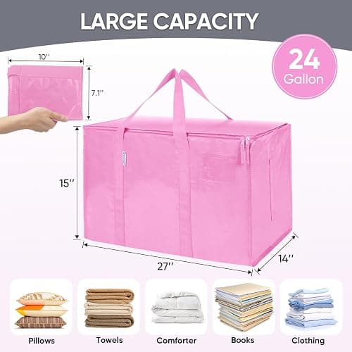 TICONN 6 Pack Extra Large Moving Bags Heavy Duty with Zippers & Carrying Handles, Durable Storage Bags Moving Boxes for Closet Organizers and Storage (6 Pack, Pink) thumbnail 3
