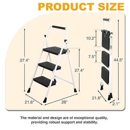 3 Step Ladder, Portable Steel Folding Step Stool with Wide Anti-Slip Pedal & Convenient Handgrip, 500lbs Sturdy Steel Ladder, White thumbnail 2